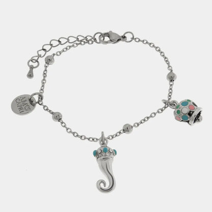 AMO CAPRI - BRACCIALE IN ACCIAIO CON CAMPANELLA POIS MULTICOLOR E CORNO