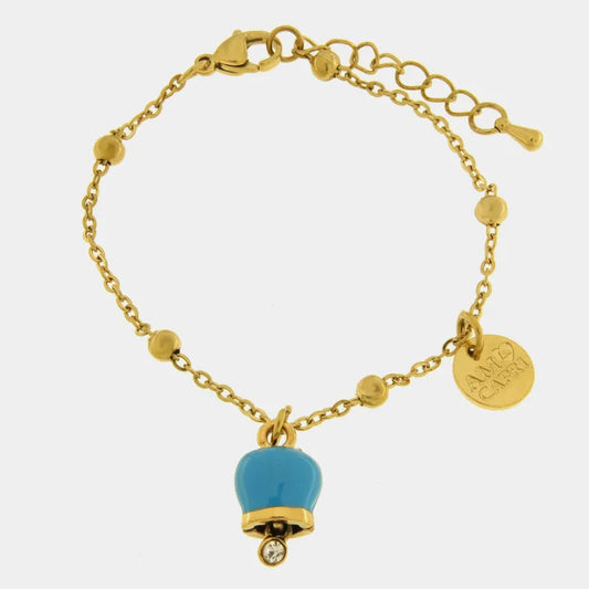 AMO CAPRI - BRACCIALE IN ACCIAIO DORATO MINI CAMPANELLA AZZURRA E CRISTALLO