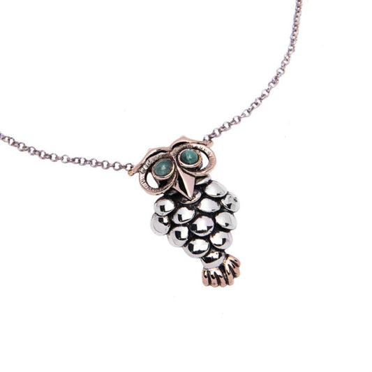 COLLANA CIVETTA CON OCCHI IN RADICE DI SMERALDO BRONZO E ARGENTO