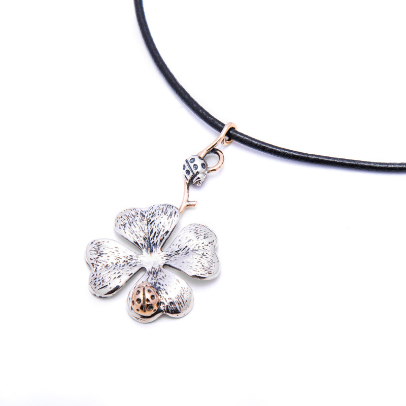 COLLANA QUADRIFOGLIO CON COCCINELLA ARGENTO E BRONZO