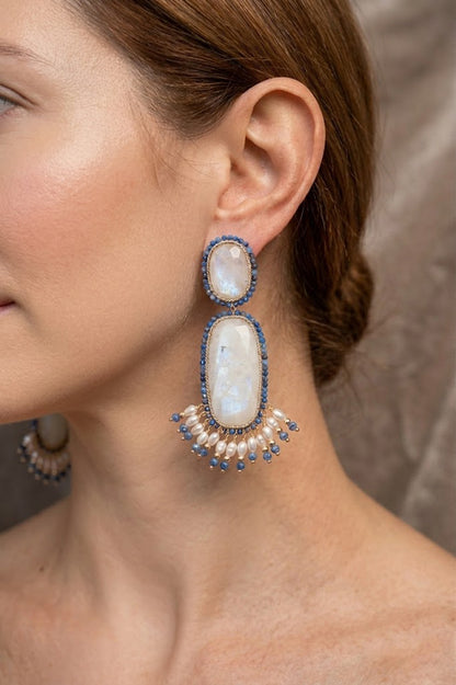 SICYLUI - ORECCHINI PENDENTI IN ARGENTO DORATO CON LABRADORITE E ZIRCONI BLU