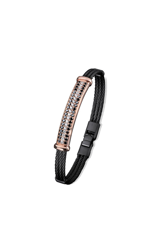 SALVATORE BERSANI - BRACCIALE IN ACCIAIO NERO CON PLACCHERA ORO ROSE' E DIAMANTI BIANCHI E NERI