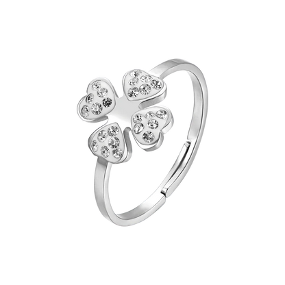 LUCA BARRA - ANELLO IN ACCIAIO CON QUADRIFOGLIO E CRISTALLI BIANCHI