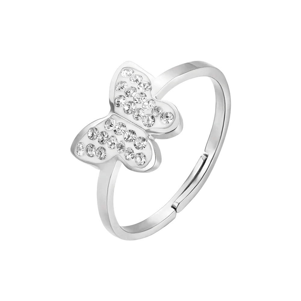 LUCA BARRA - ANELLO IN ACCIAIO CON FARFALLA E CRISTALLI BIANCHI