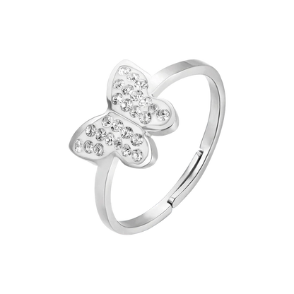LUCA BARRA - ANELLO IN ACCIAIO CON FARFALLA E CRISTALLI BIANCHI
