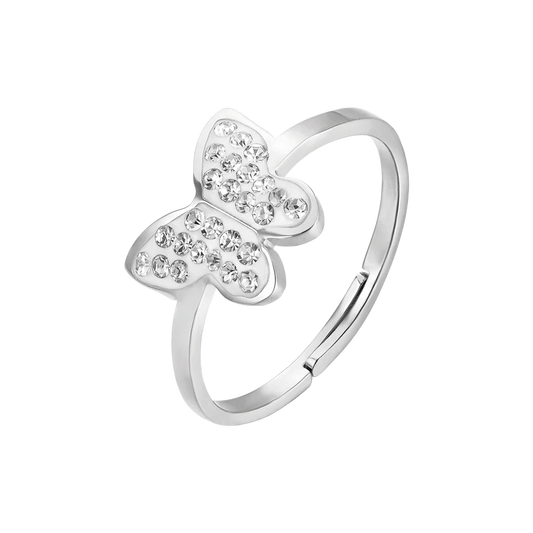 LUCA BARRA - ANELLO IN ACCIAIO CON FARFALLA E CRISTALLI BIANCHI