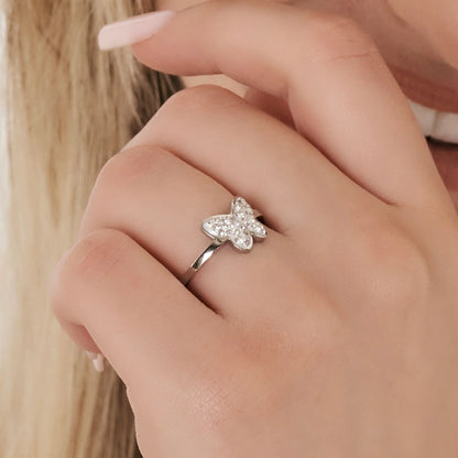 LUCA BARRA - ANELLO IN ACCIAIO CON FARFALLA E CRISTALLI BIANCHI