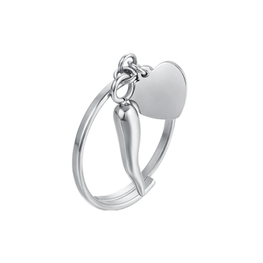 LUCA BARRA - ANELLO IN ACCIAIO CON CUORE E CORNO