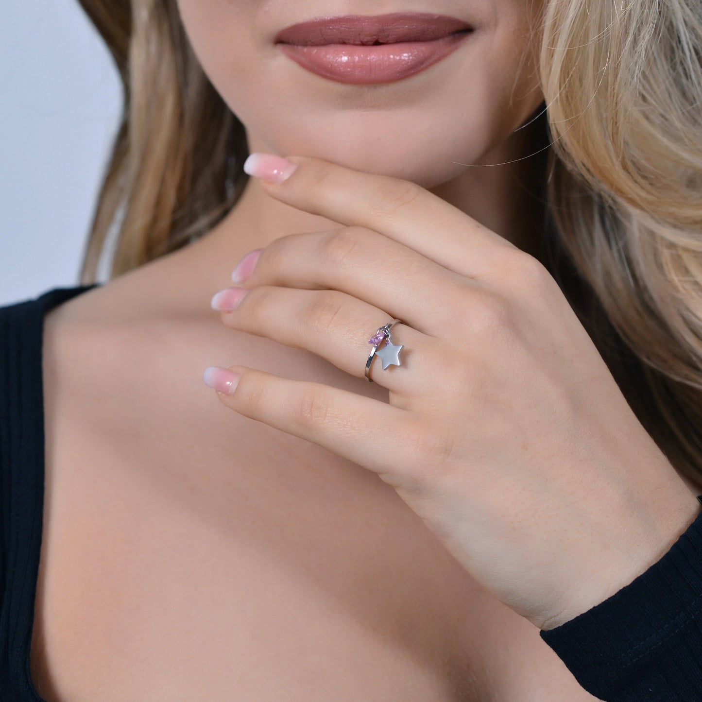 LUCA BARRA - ANELLO  IN ACCIAIO CON STELLA E ZIRCONE ROSA