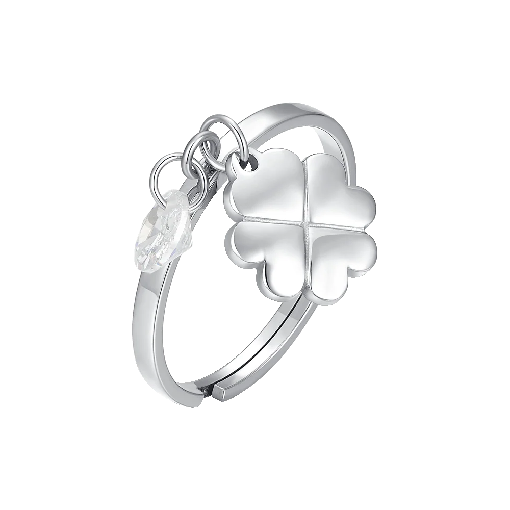 LUCA BARRA - ANELLO IN ACCIAIO CON QUADRIFOGLIO E ZIRCONE BIANCO