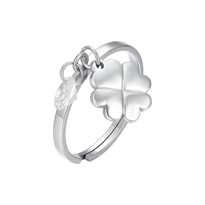 LUCA BARRA - ANELLO IN ACCIAIO CON QUADRIFOGLIO E ZIRCONE BIANCO