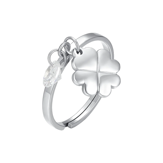 LUCA BARRA - ANELLO IN ACCIAIO CON QUADRIFOGLIO E ZIRCONE BIANCO