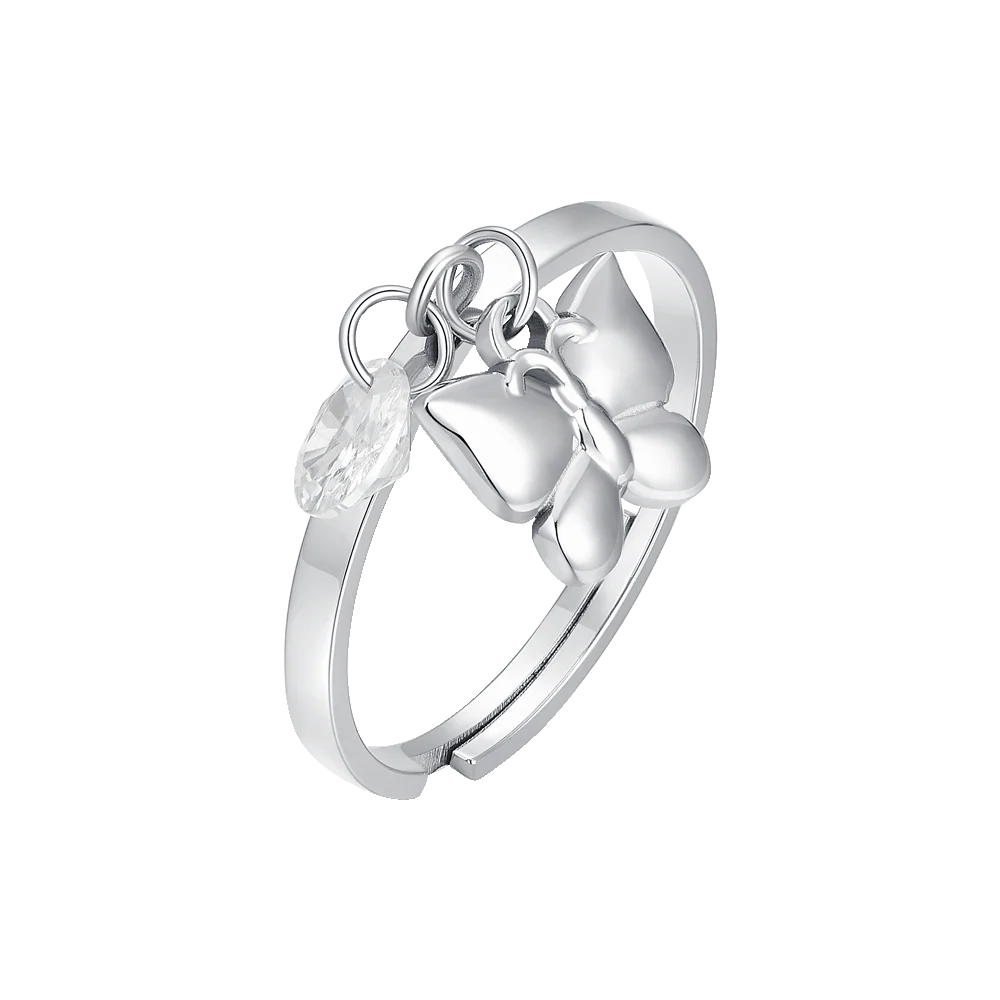 LUCA BARRA - ANELLO IN ACCIAIO CON FARFALLA E ZIRCONE BIANCO