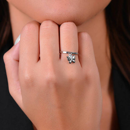 LUCA BARRA - ANELLO IN ACCIAIO CON FARFALLA E ZIRCONE BIANCO