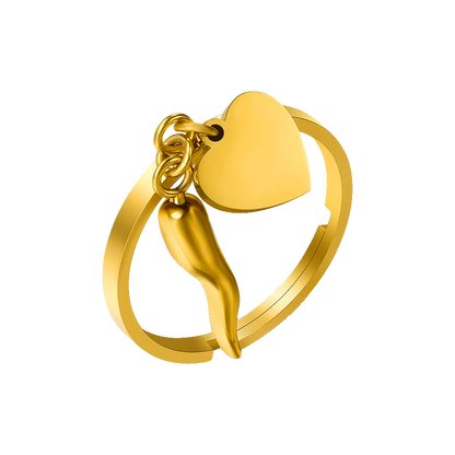 LUCA BARRA - ANELLO IN ACCIAIO IP GOLD CON CORNO E CUORE