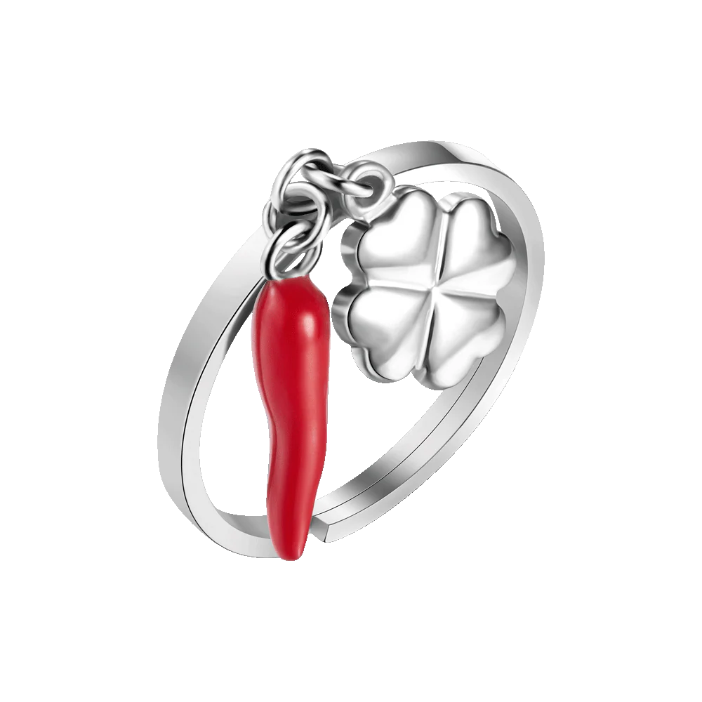 LUCA BARRA - ANELLO  IN ACCIAIO CON CORNO ROSSO E QUADRIFOGLIO