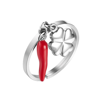 LUCA BARRA - ANELLO  IN ACCIAIO CON CORNO ROSSO E QUADRIFOGLIO