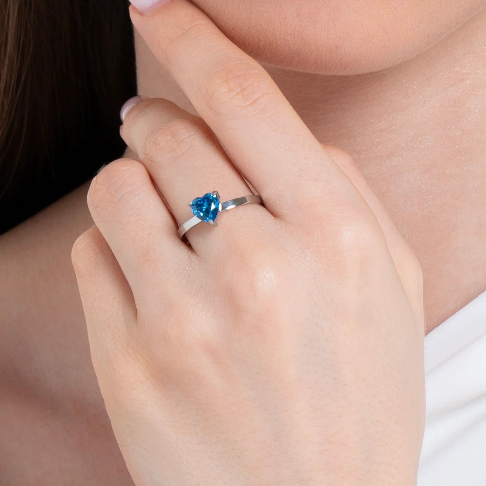 LUCA BARRA - ANELLO DONNA IN ACCIAIO CON CUORE CRISTALLO BLU