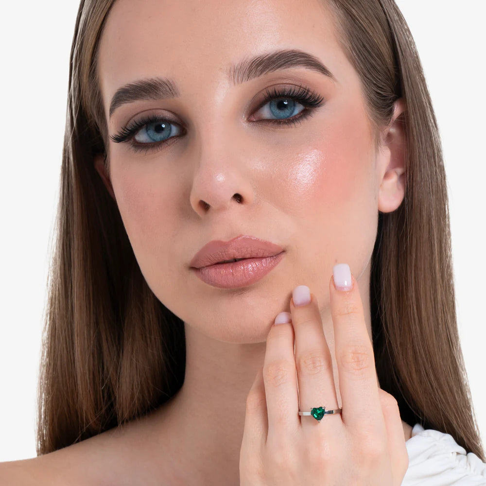 LUCA BARRA - ANELLO IN ACCIAIO CON CUORE CRISTALLO VERDE