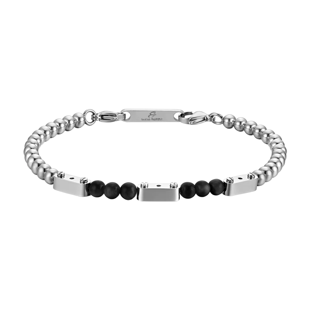 LUCA BARRA -  BRACCIALE UOMO IN ACCIAIO CON PIETRE NERE