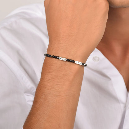 LUCA BARRA -  BRACCIALE UOMO IN ACCIAIO CON PIETRE NERE