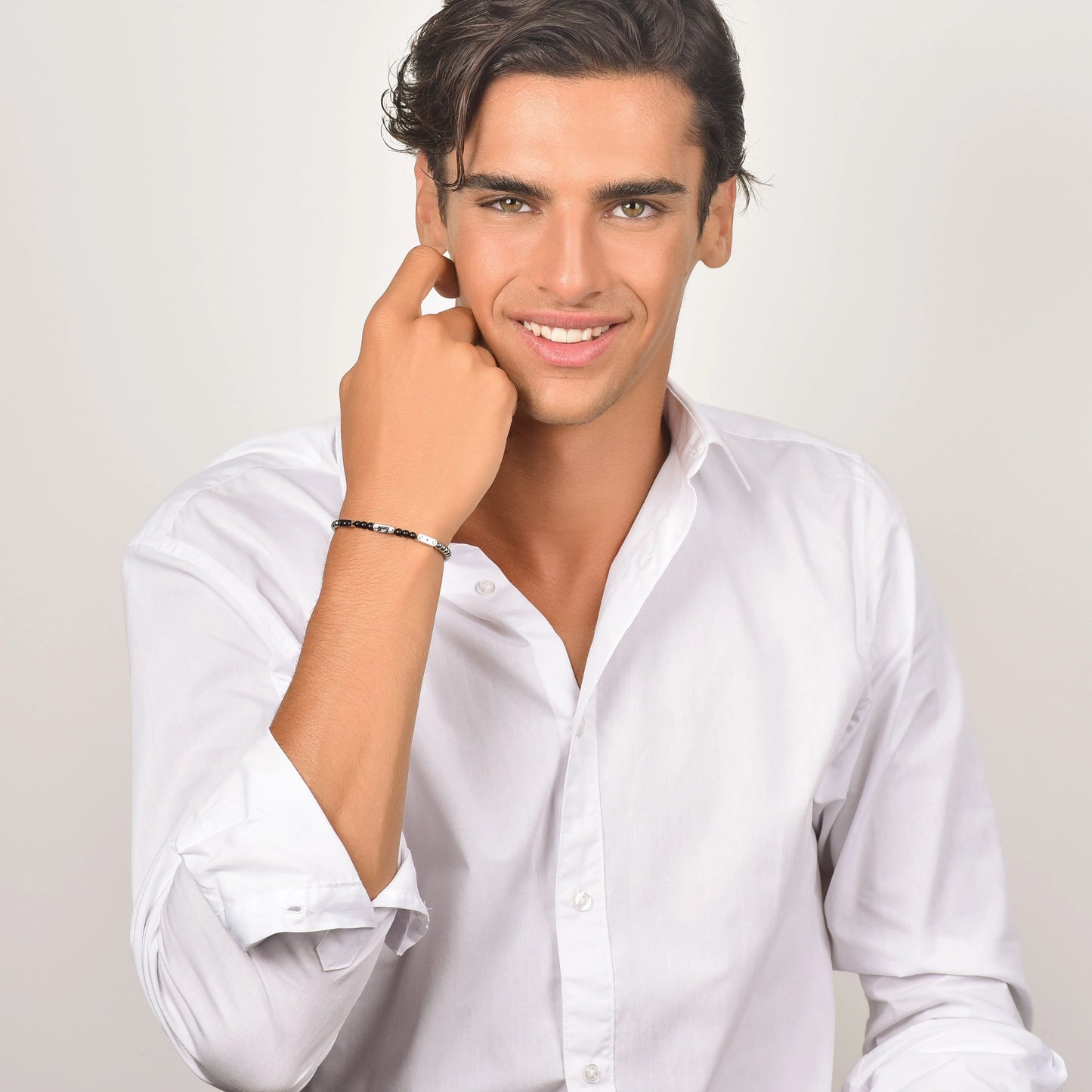 LUCA BARRA -  BRACCIALE UOMO IN ACCIAIO CON PIETRE NERE