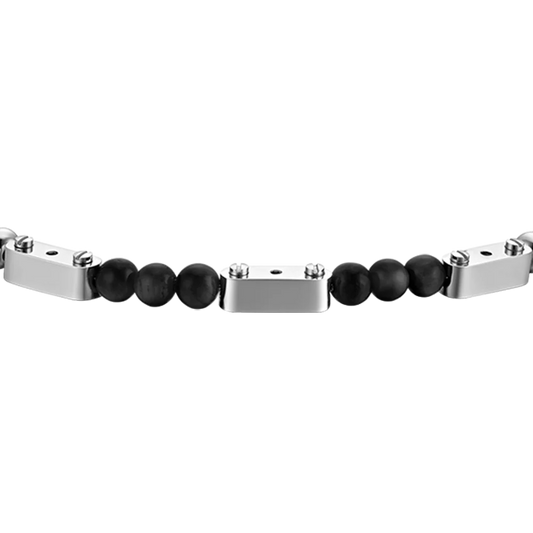 LUCA BARRA -  BRACCIALE UOMO IN ACCIAIO CON PIETRE NERE