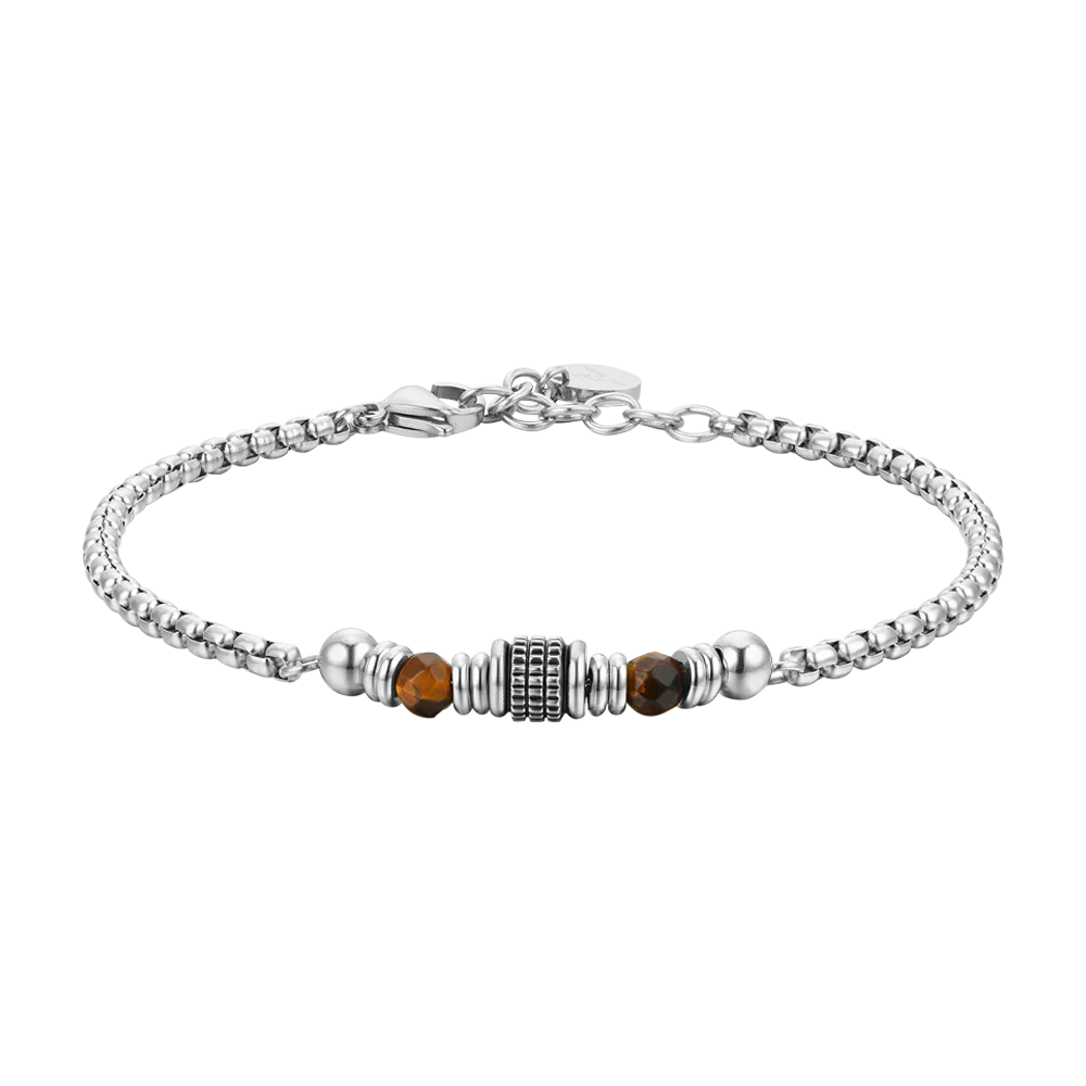 LUCA BARRA - BRACCIALE UOMO IN ACCIAIO PIETRE OCCHIO DI TIGRE