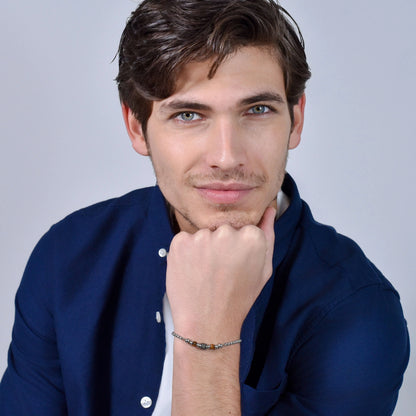 LUCA BARRA - BRACCIALE UOMO IN ACCIAIO PIETRE OCCHIO DI TIGRE