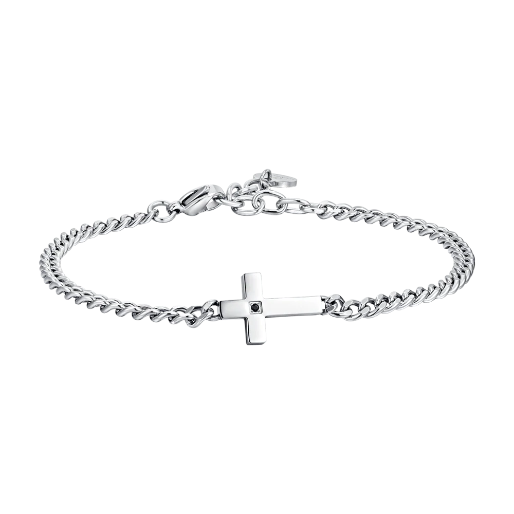 LUCA BARRA - BRACCIALE UOMO IN ACCIAIO CROCE E ZIRCONE NERO