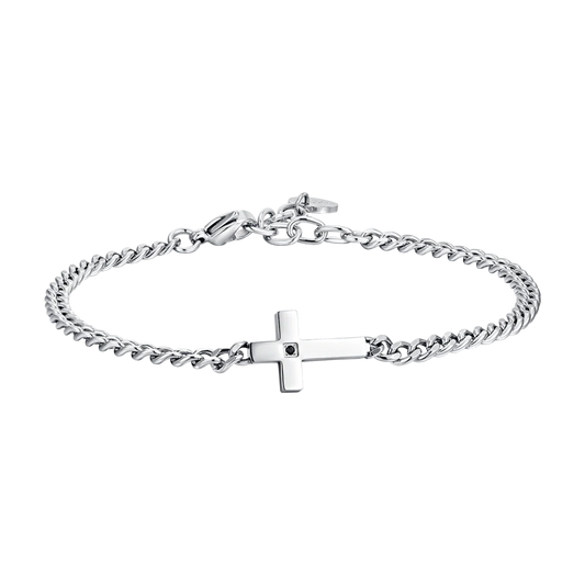 LUCA BARRA - BRACCIALE UOMO IN ACCIAIO CROCE E ZIRCONE NERO