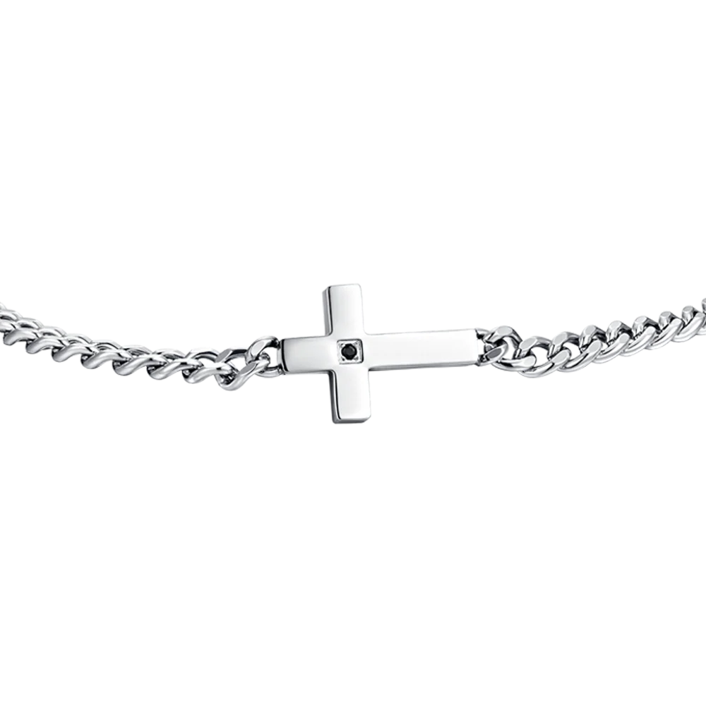 LUCA BARRA - BRACCIALE UOMO IN ACCIAIO CROCE E ZIRCONE NERO