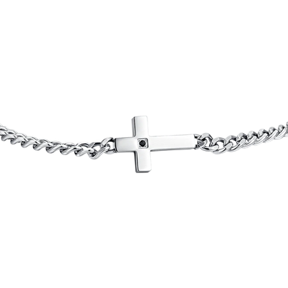 LUCA BARRA - BRACCIALE UOMO IN ACCIAIO CROCE E ZIRCONE NERO