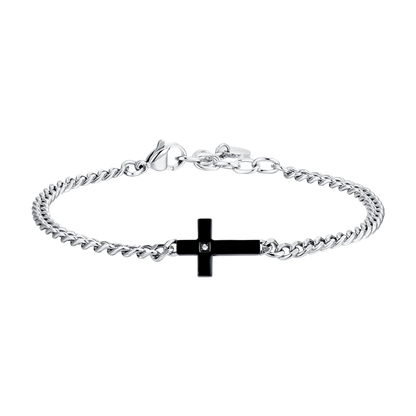 LUCA BARRA -  BRACCIALE UOMO IN ACCIAIO CROCE IP BLACK E ZIRCONE BIANCO