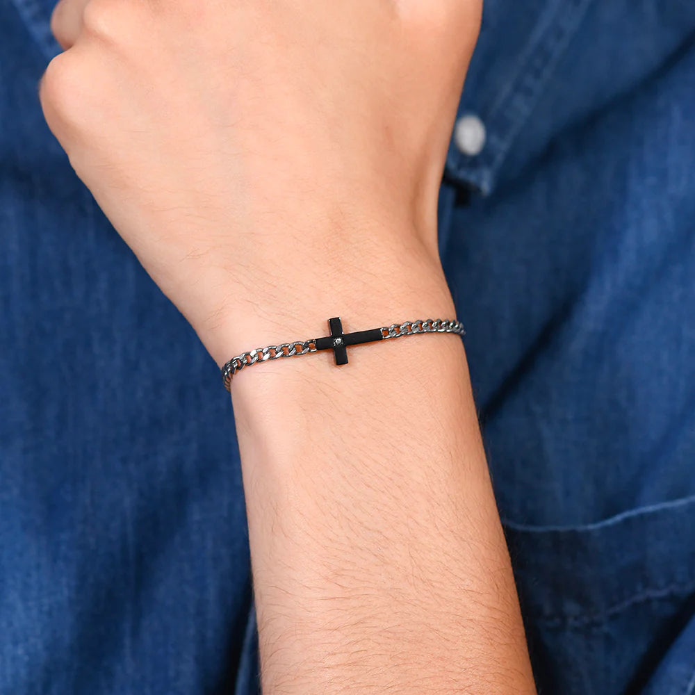 LUCA BARRA -  BRACCIALE UOMO IN ACCIAIO CROCE IP BLACK E ZIRCONE BIANCO