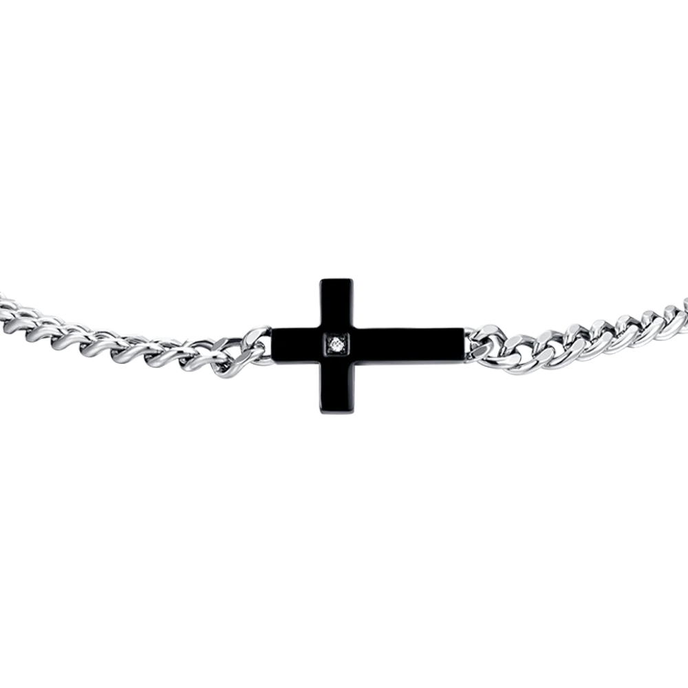 LUCA BARRA -  BRACCIALE UOMO IN ACCIAIO CROCE IP BLACK E ZIRCONE BIANCO