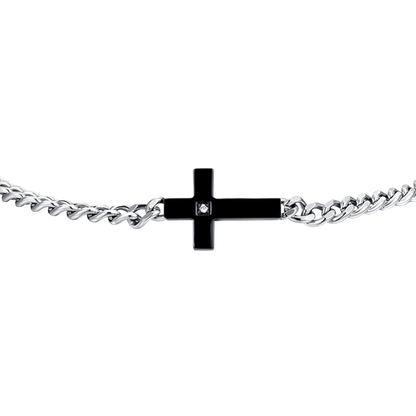 LUCA BARRA -  BRACCIALE UOMO IN ACCIAIO CROCE IP BLACK E ZIRCONE BIANCO