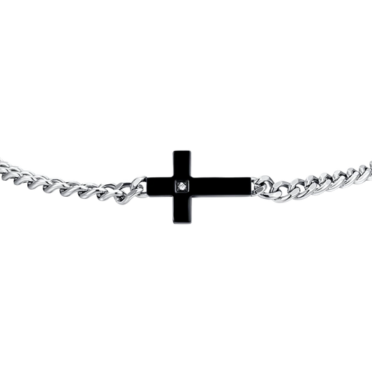 LUCA BARRA -  BRACCIALE UOMO IN ACCIAIO CROCE IP BLACK E ZIRCONE BIANCO