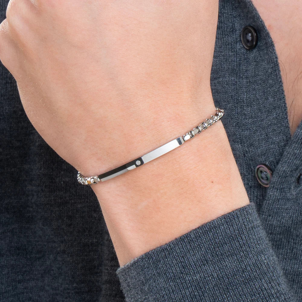 LUCA BARRA - BRACCIALE UOMO IN ACCIAIO, PIASTRA CON ELEMENTO IP NERO