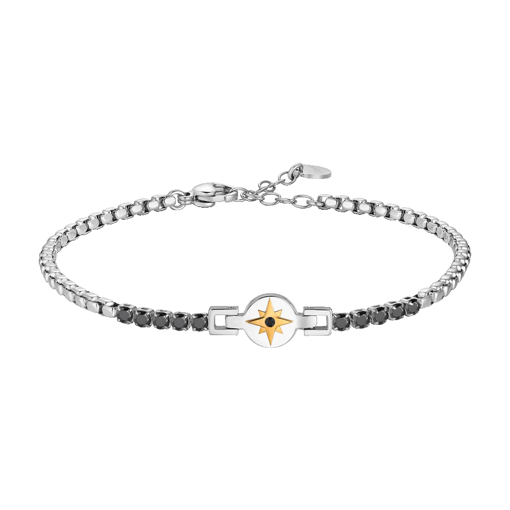 LUCA BARRA - BRACCIALE TENNIS UOMO IN ACCIAIO CON ROSA DEI VENTI IP ROSE E ZIRCONI NERI