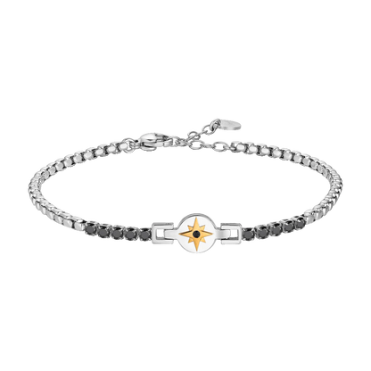 LUCA BARRA - BRACCIALE TENNIS UOMO IN ACCIAIO CON ROSA DEI VENTI IP ROSE E ZIRCONI NERI