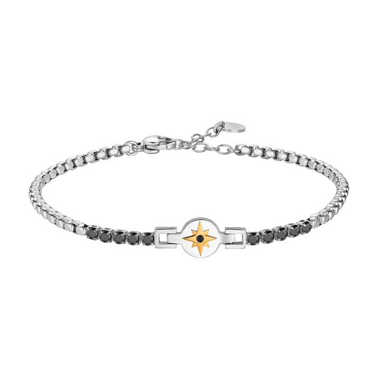 LUCA BARRA - BRACCIALE TENNIS UOMO IN ACCIAIO CON ROSA DEI VENTI IP ROSE E ZIRCONI NERI