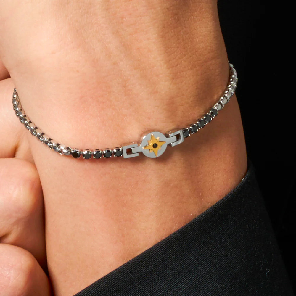 LUCA BARRA - BRACCIALE TENNIS UOMO IN ACCIAIO CON ROSA DEI VENTI IP ROSE E ZIRCONI NERI