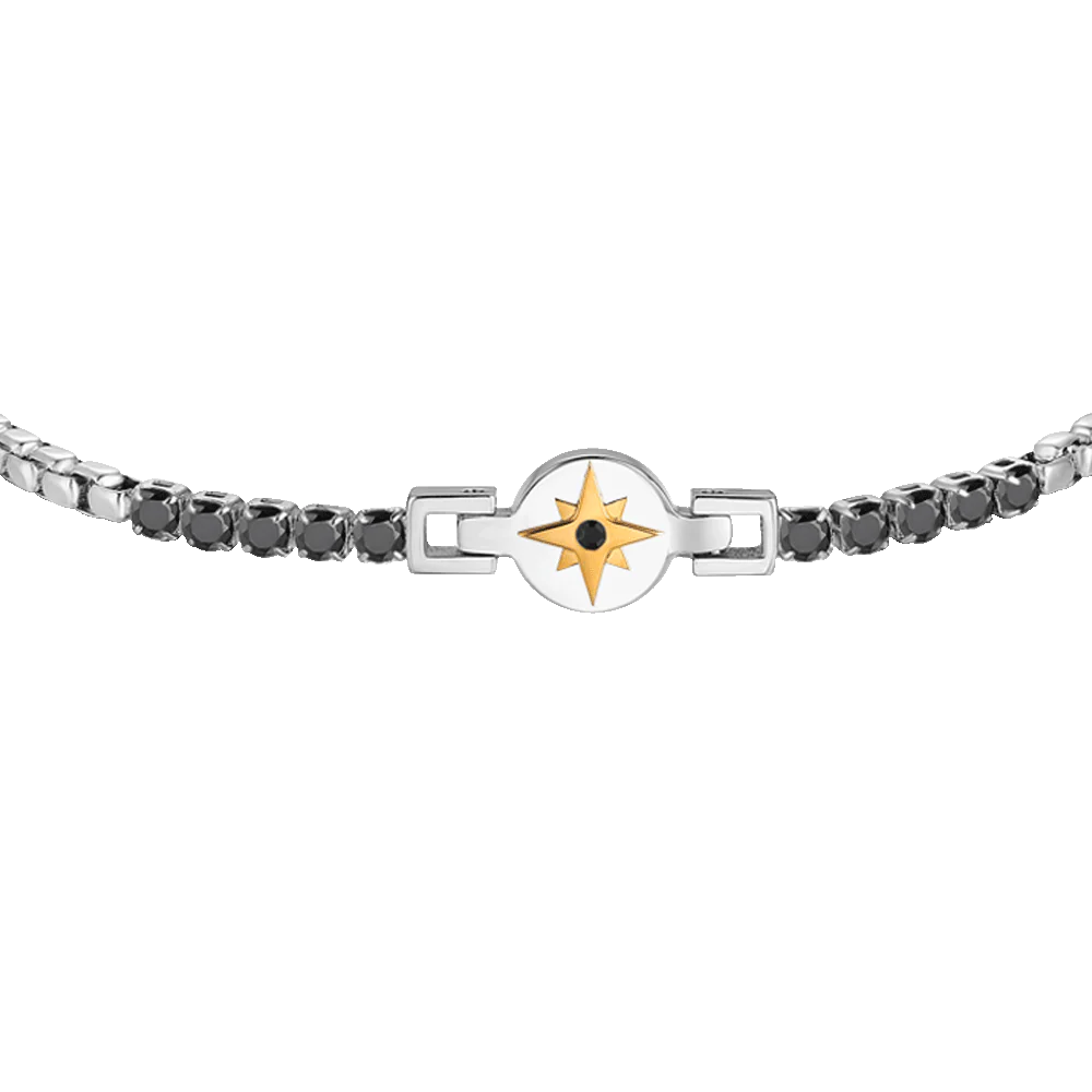 LUCA BARRA - BRACCIALE TENNIS UOMO IN ACCIAIO CON ROSA DEI VENTI IP ROSE E ZIRCONI NERI