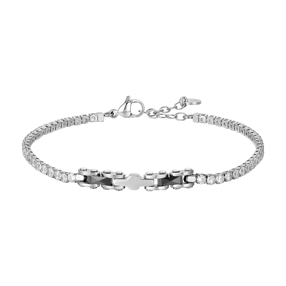 LUCA BARRA -  BRACCIALE TENNIS UOMO IN ACCIAIO CON CERAMICA NERA E ZIRCONI BIANCHI