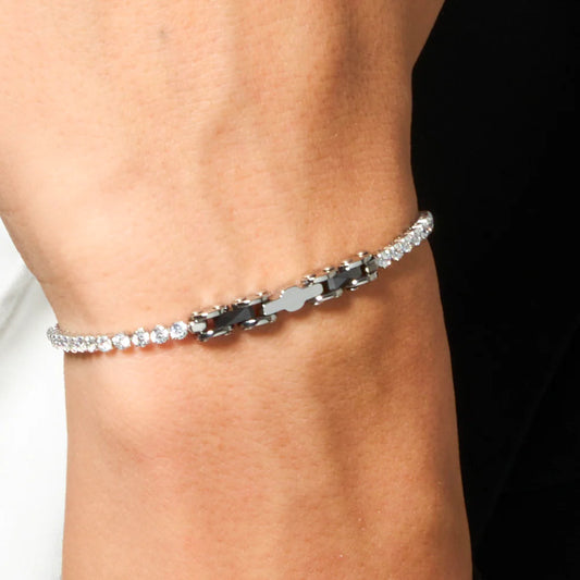 LUCA BARRA -  BRACCIALE TENNIS UOMO IN ACCIAIO CON CERAMICA NERA E ZIRCONI BIANCHI