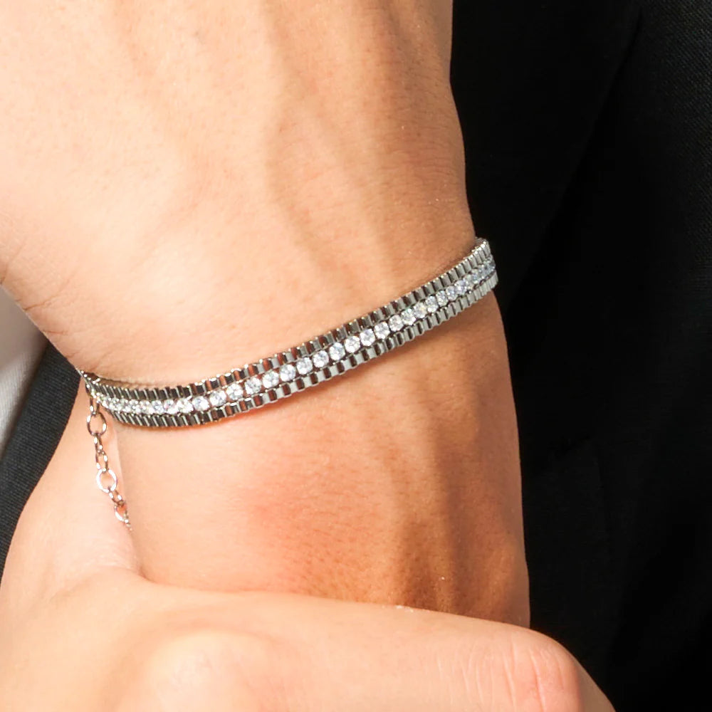 LUCA BARRA -  BRACCIALE UOMO IN ACCIAIO E ZIRCONI BIANCHI