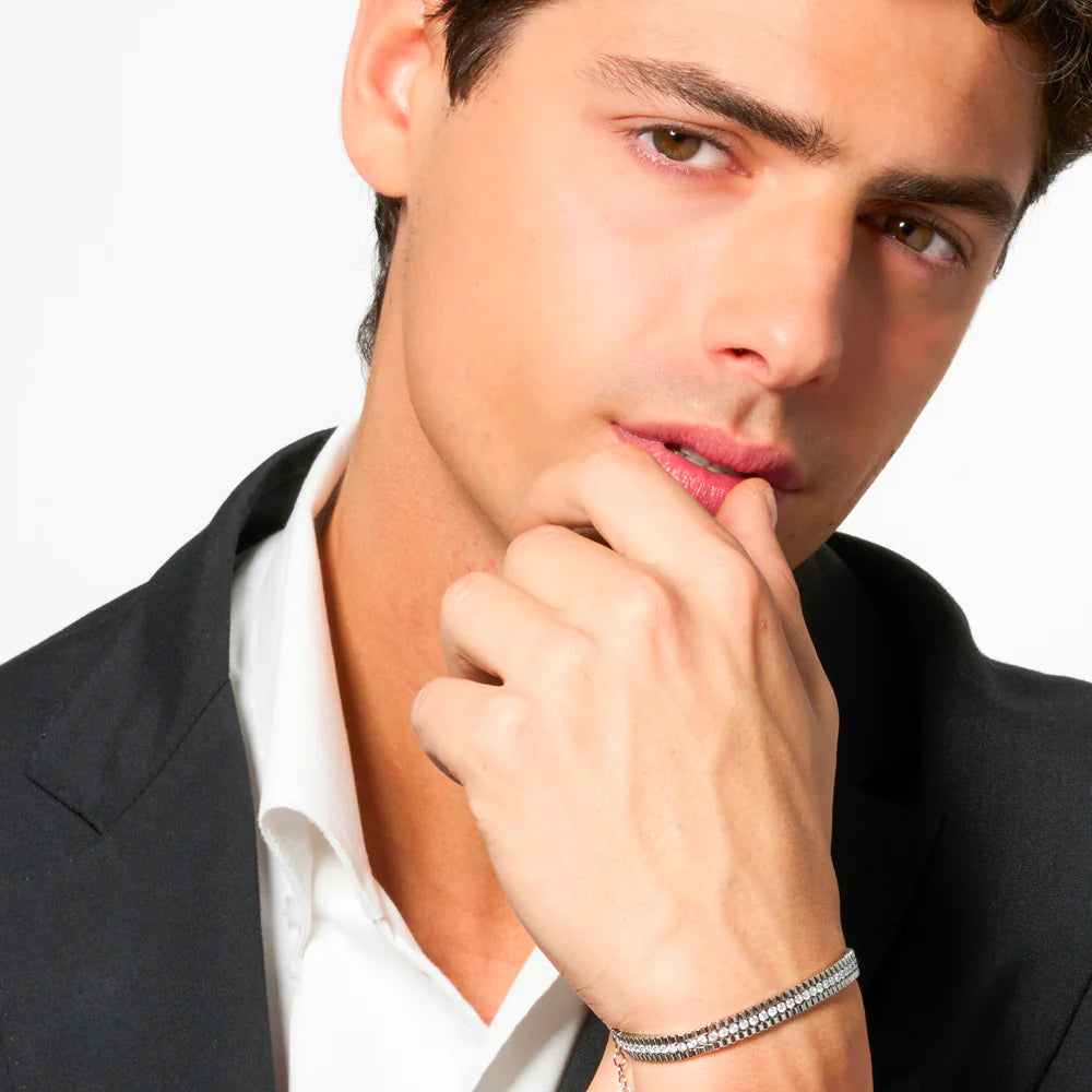 LUCA BARRA -  BRACCIALE UOMO IN ACCIAIO E ZIRCONI BIANCHI