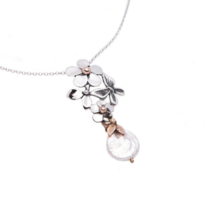 COLLANA CIONDOLO BOUQUET FIORI ARGENTO E BRONZO CON PERLA PENDENTE