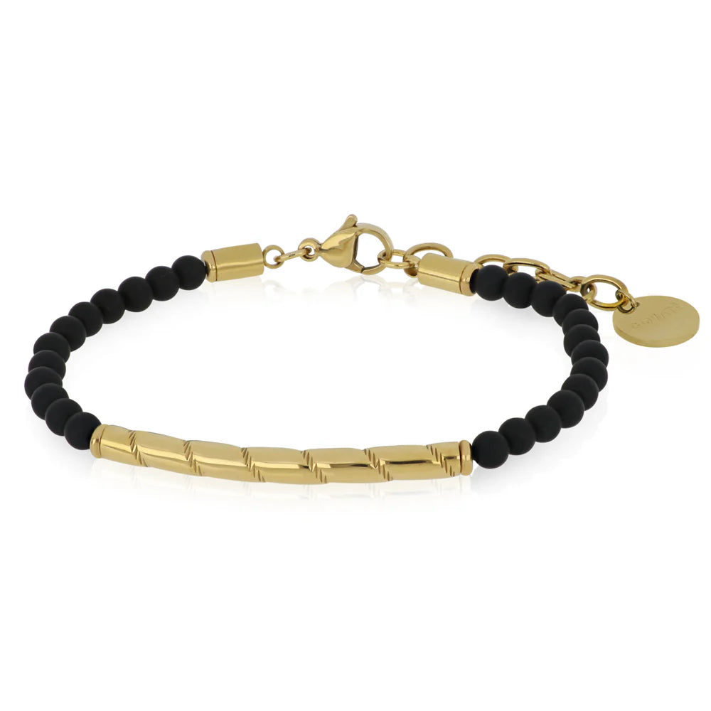 GOYATE' - BRACCIALE IN ACCIAIO DORATO CON SPERE NERE E PLACCHETTA CENTRALE